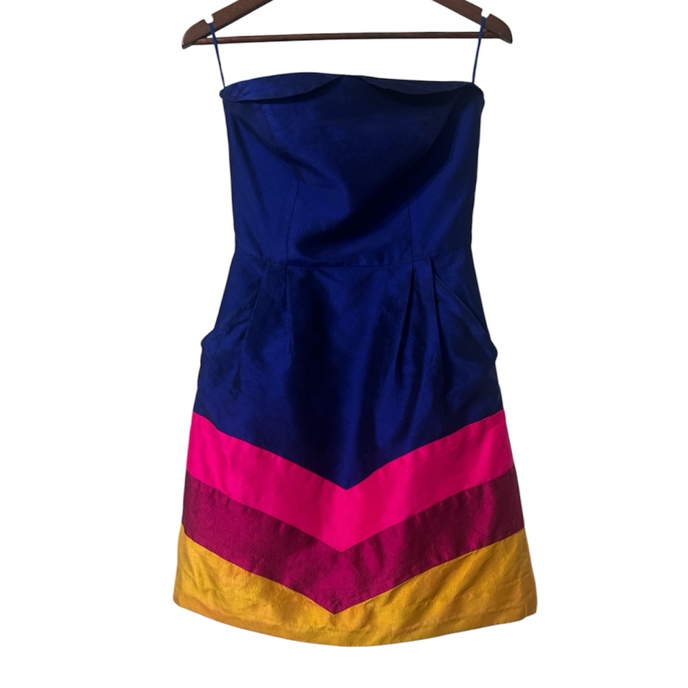 by Smith 100% Silk Strapless Chevron Mini Dress Royal Blue Pink Yellow Size 2